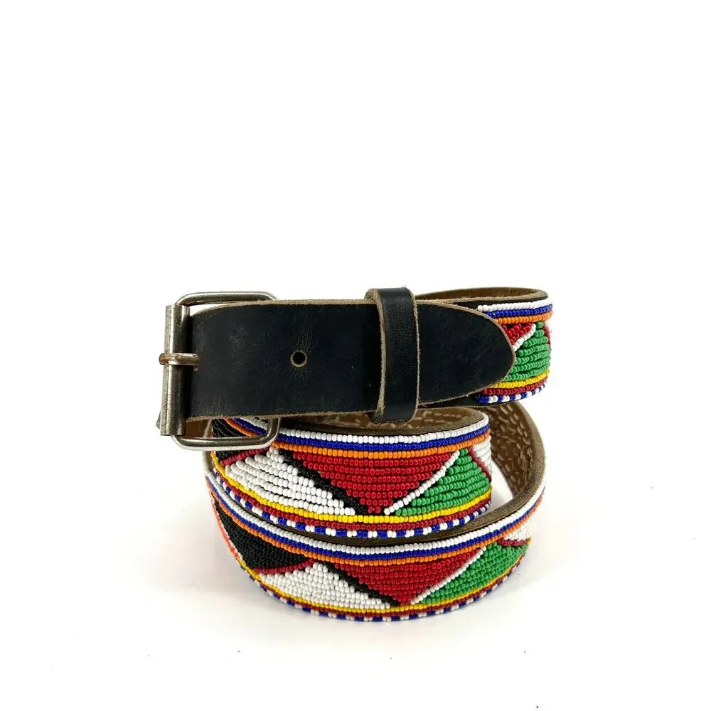 Vintage 90s Multicolor Seed Bead Geometric Genuine Leather African Style Belt
